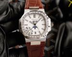 Replica Patek Philippe Nautilus Annual Calendar White Moonphase Dial Brown Leather Watch Band Diamond Bezel